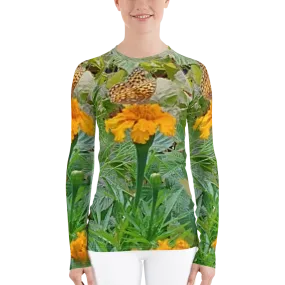 The FLOWER LOVE Collection - "Butterfly on a Bloom" Design Luxurious Women's Rash Guard, Sun Protective Clothing, Sports & Fitness Clothing