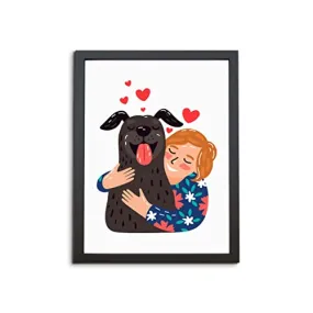 The Karkhana Cartoon Illustration Girl Hugging Black Dog Wall Frame Hanging Art Frame for Pet Lover, Doggie Corner, Dog Birthday, | (24.5 x 34.7 cm) | (With Glass)