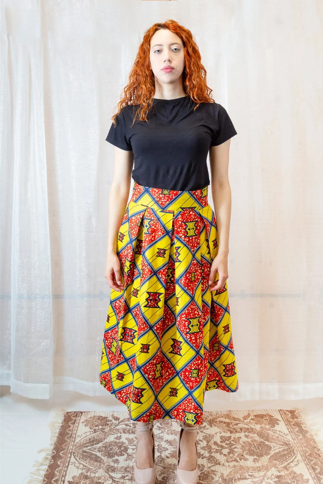 The Ultimate Chioma African Print Pleated Yellow Midi Skirt