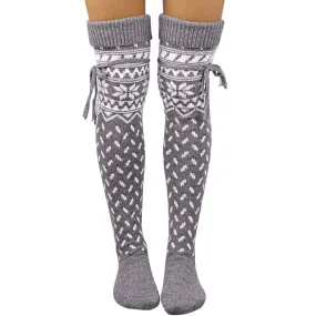 Thigh High Alpine Socks Snowflake Pattern Gray & White Or Red & White You Choose Tie Top Stay Up Over The Knee Boot Socks Make A Great Christmas Present!