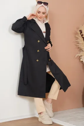 Three-Button Double-Breasted Trench Coat - Black