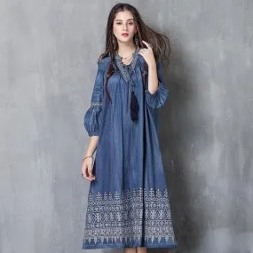 Three Quarter Lantern Sleeve Flower Embroidery Denim Dress