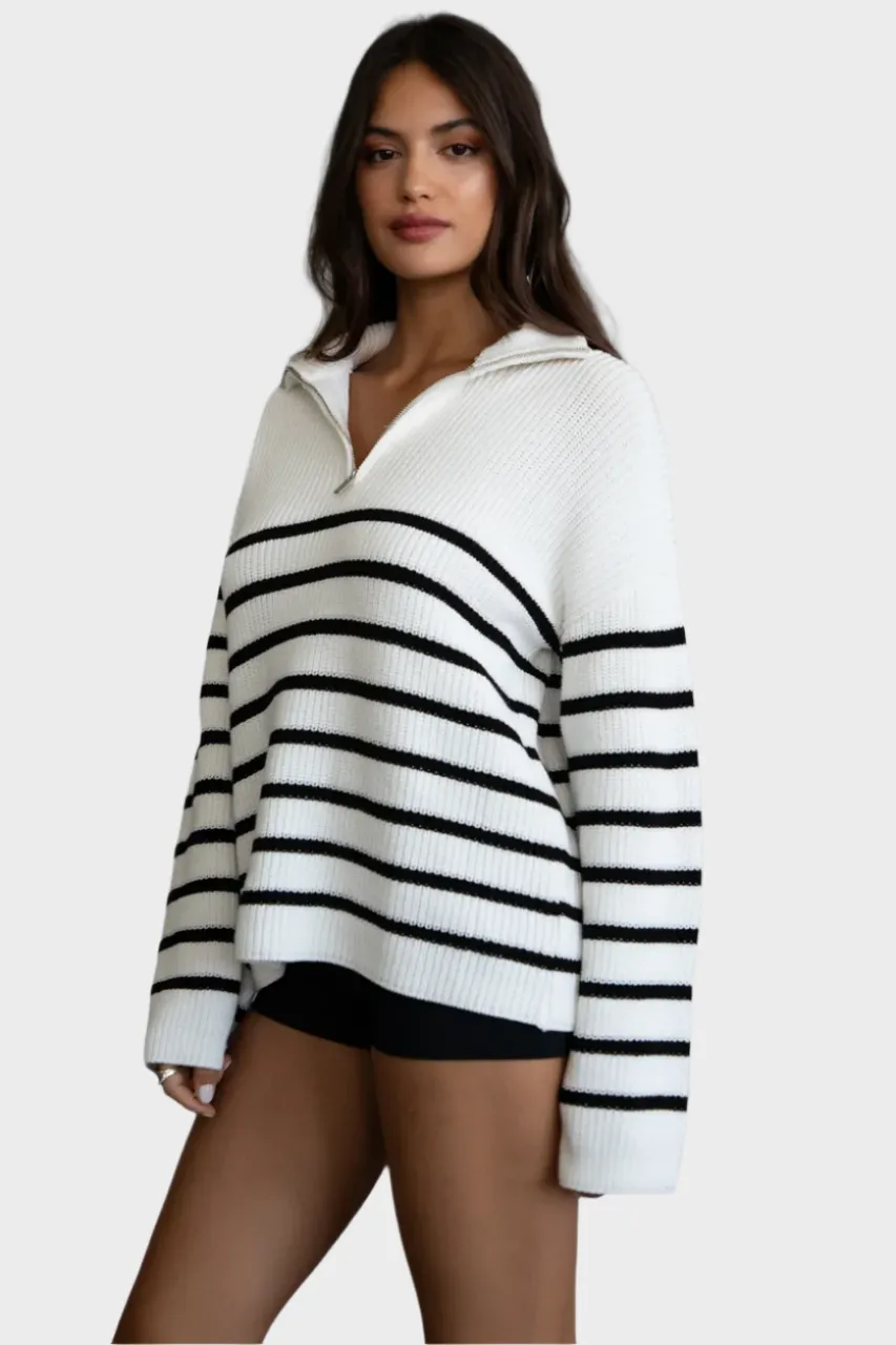 TIC TOC - "MAUREEN" Oversized Striped Zip Sweater