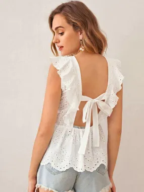 Tie Back Ruffle Trim Schiffy Peplum Top