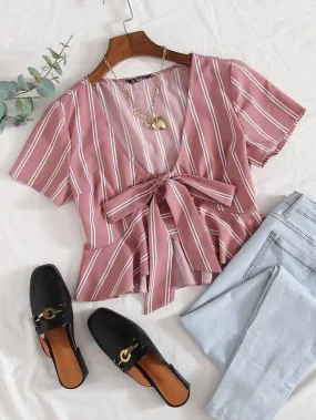Tie Front Striped Peplum Crop Top