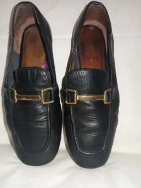 Topshop Black Leather Loafers With Gold Detail