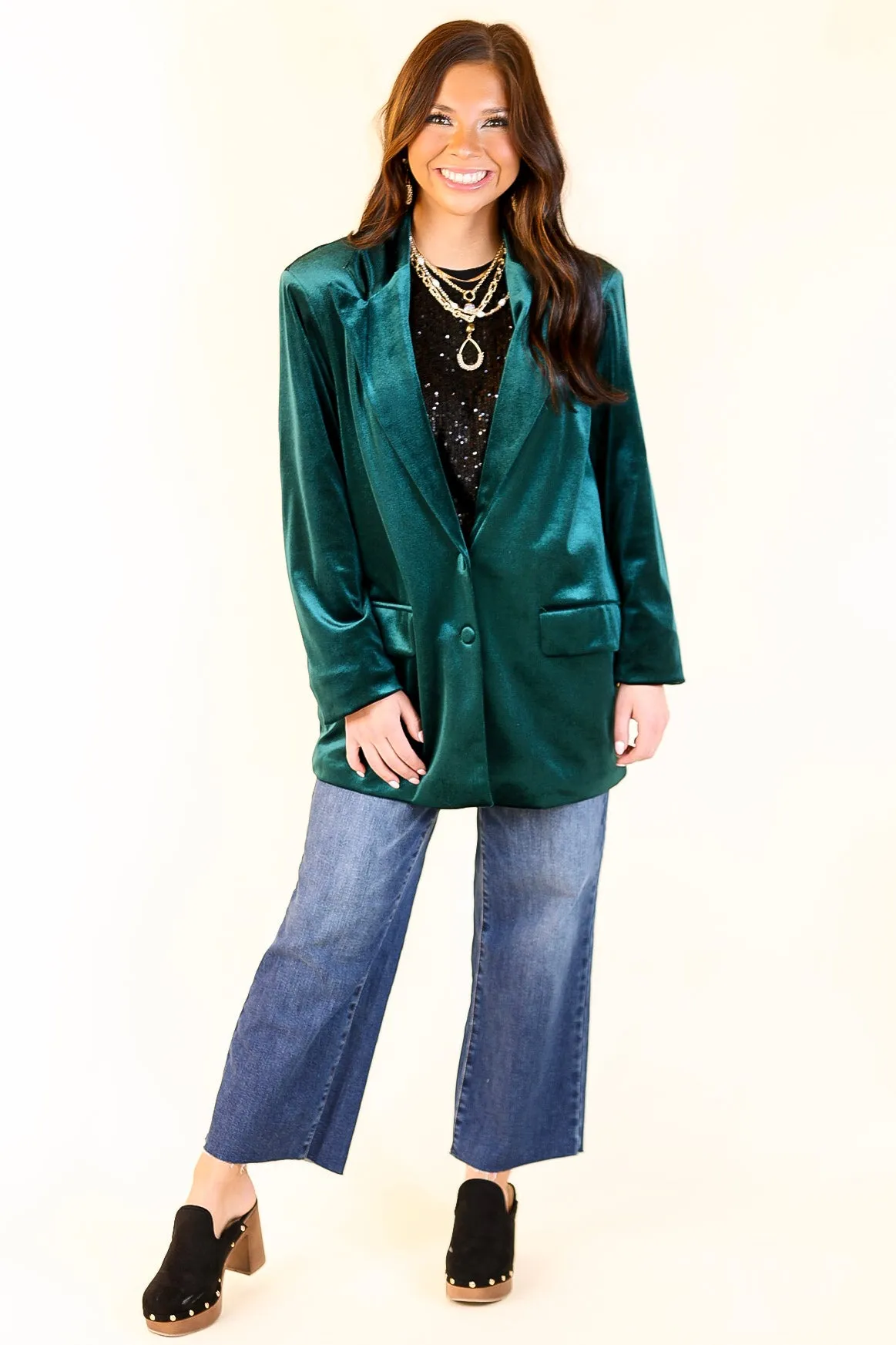 Touch Of Luxury Long Sleeve Velvet Blazer in Emerald Green