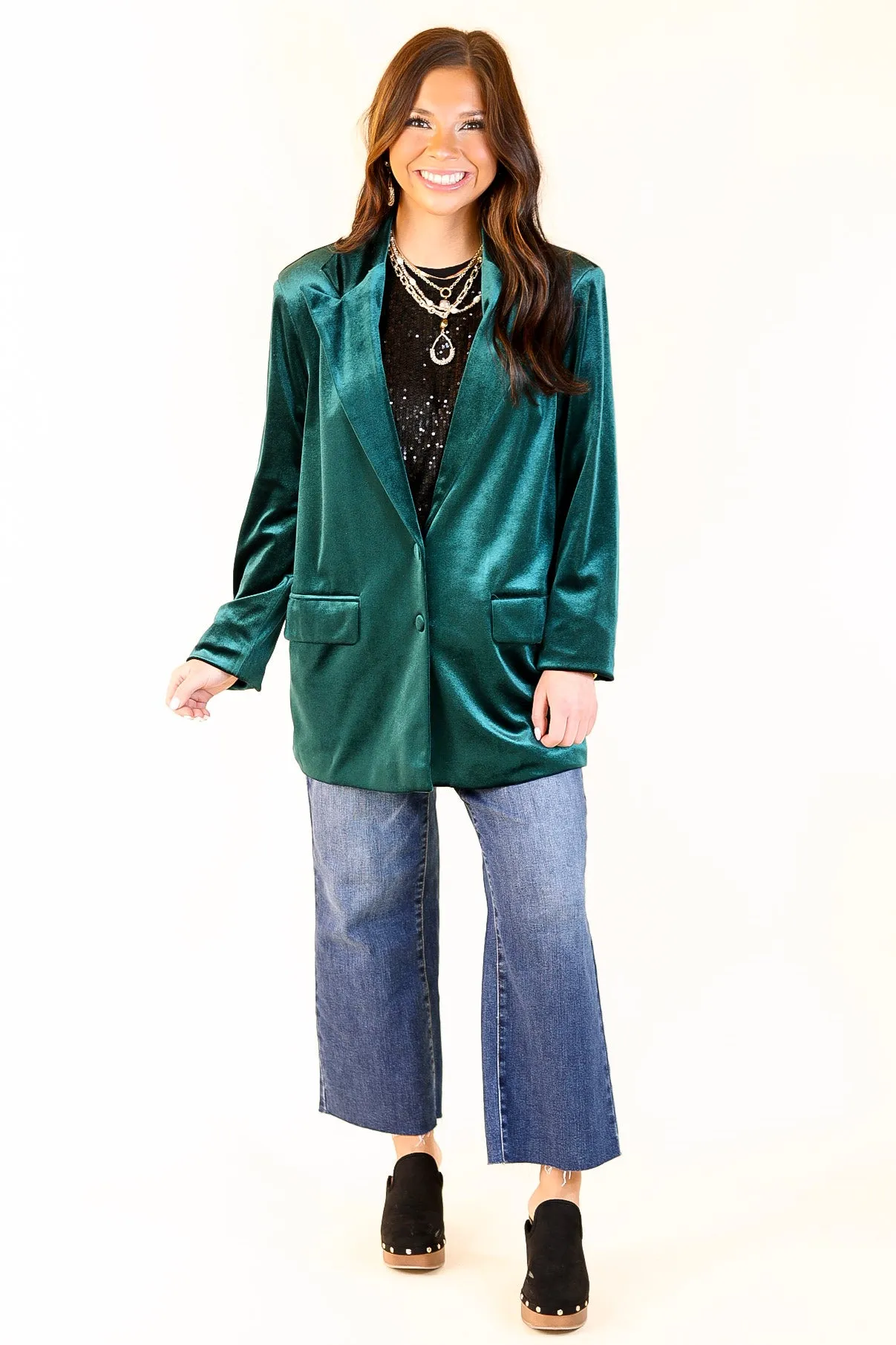 Touch Of Luxury Long Sleeve Velvet Blazer in Emerald Green