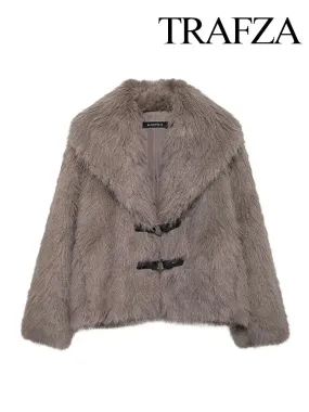 TRAFZA Frauen Elegante Faux Pelz Winter Mantel Solide Drehen Unten Kragen Mit Langen Ärmeln Dicke Mäntel Frau Lange Hülse Lose Warme Jacke