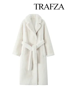 TRAFZA Winter Mode Frauen Warme Mantel Weiß Drehen-unten Kragen Langarm Taschen Gürtel Dekoration Weibliche High Street Lange mäntel