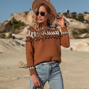 Trendy Aztec Knitwear: Women's Round Neck Sweater