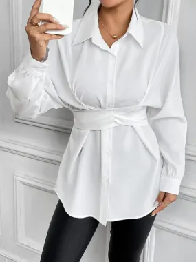 Trendy Belted Peplum Shirt with Buttoned Cuffs