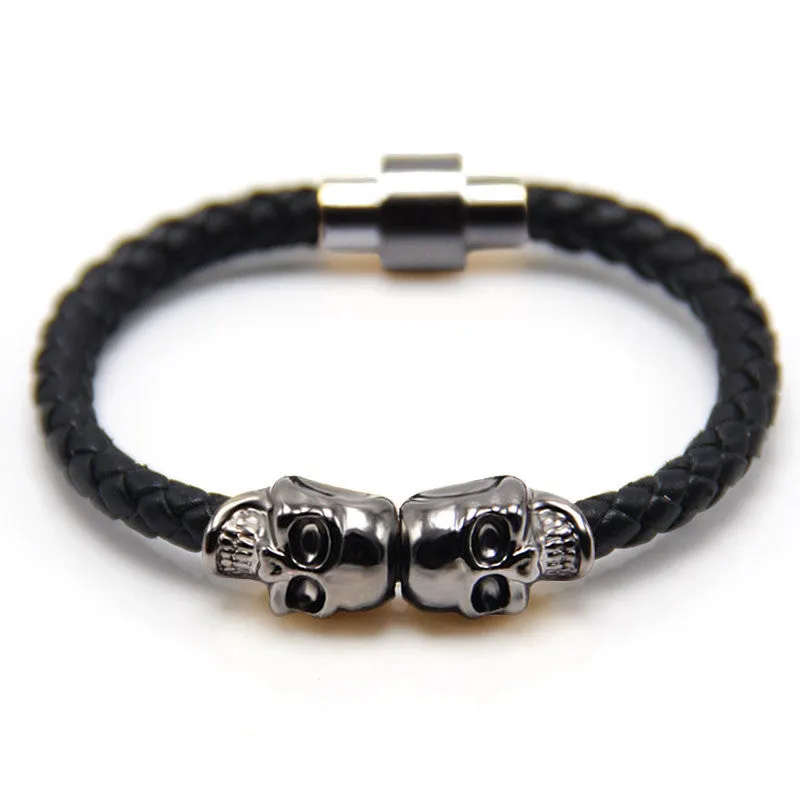 Trendy fashion leather bracelet Punk Gun Black color skull bracelet man leather bracelet