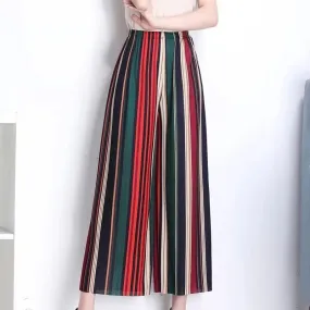 Trendy Wide Leg Pants Women Summer Culottes Striped Slim Look Straight Casual Pants