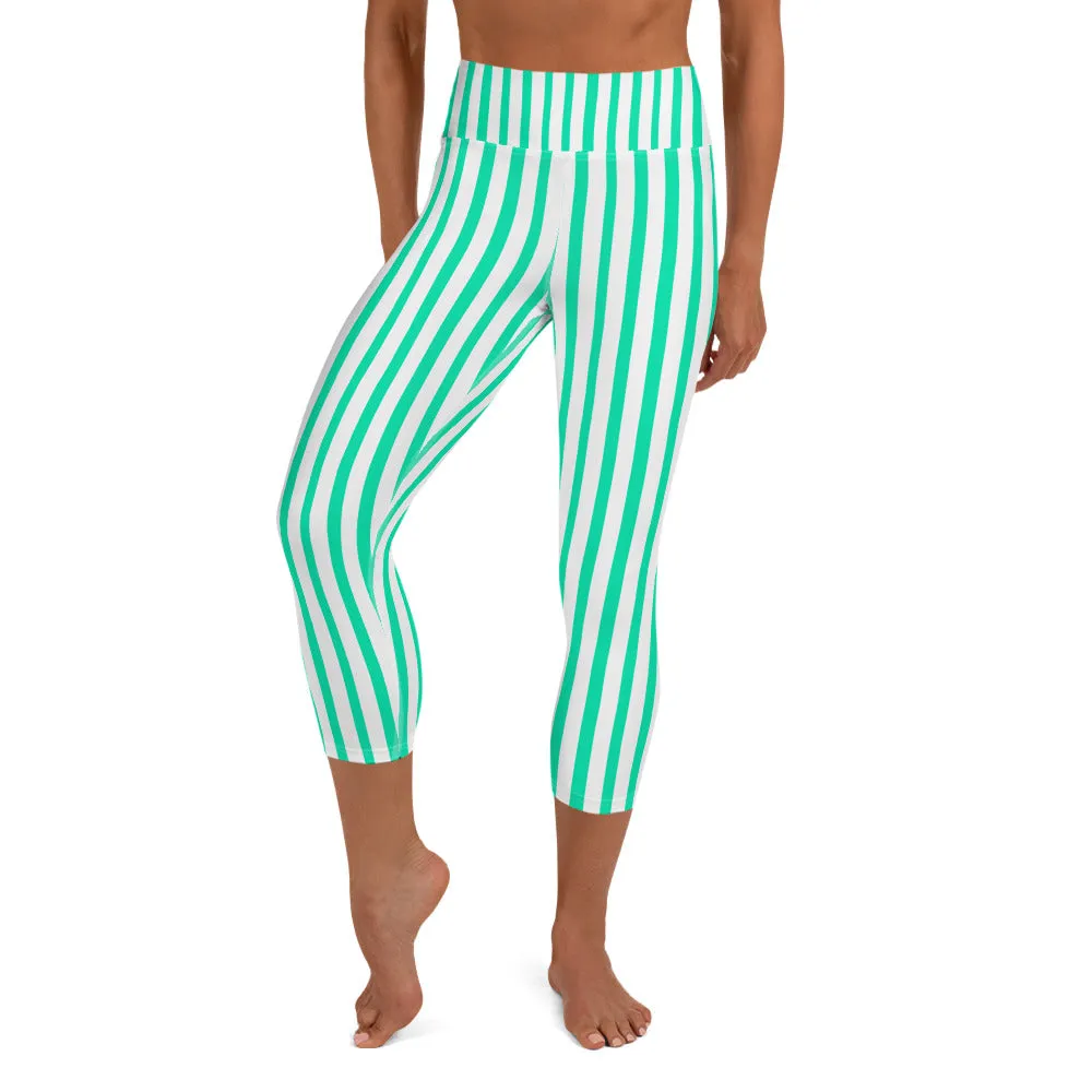 Turquoise Blue Circus Capri Leggings, Vertical Stripe Women's Yoga Capris Tights- Made in USA/ EU