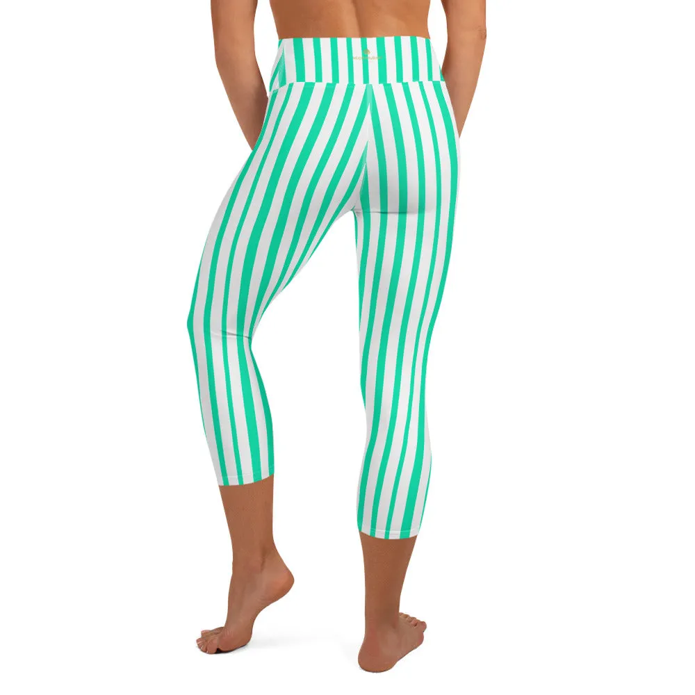 Turquoise Blue Circus Capri Leggings, Vertical Stripe Women's Yoga Capris Tights- Made in USA/ EU