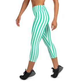 Turquoise Blue Circus Capri Leggings, Vertical Stripe Women's Yoga Capris Tights- Made in USA/ EU