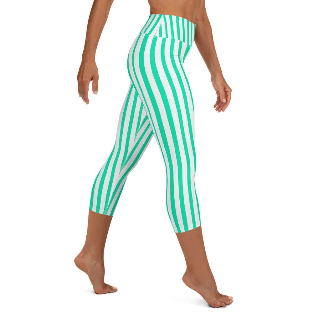 Turquoise Blue Circus Capri Leggings, Vertical Stripe Women's Yoga Capris Tights- Made in USA/ EU