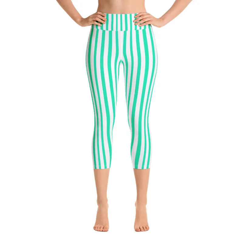 Turquoise Blue Circus Capri Leggings, Vertical Stripe Women's Yoga Capris Tights- Made in USA/ EU