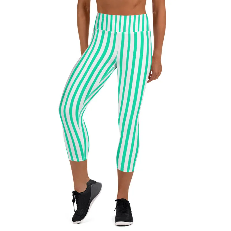 Turquoise Blue Circus Capri Leggings, Vertical Stripe Women's Yoga Capris Tights- Made in USA/ EU