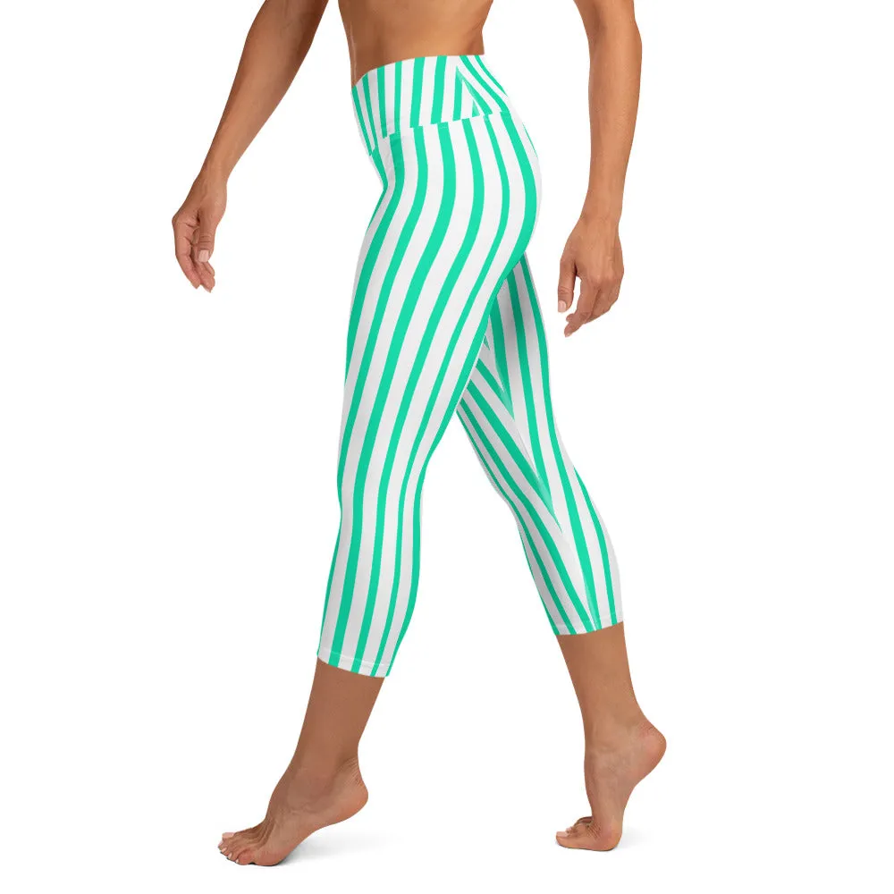 Turquoise Blue Circus Capri Leggings, Vertical Stripe Women's Yoga Capris Tights- Made in USA/ EU