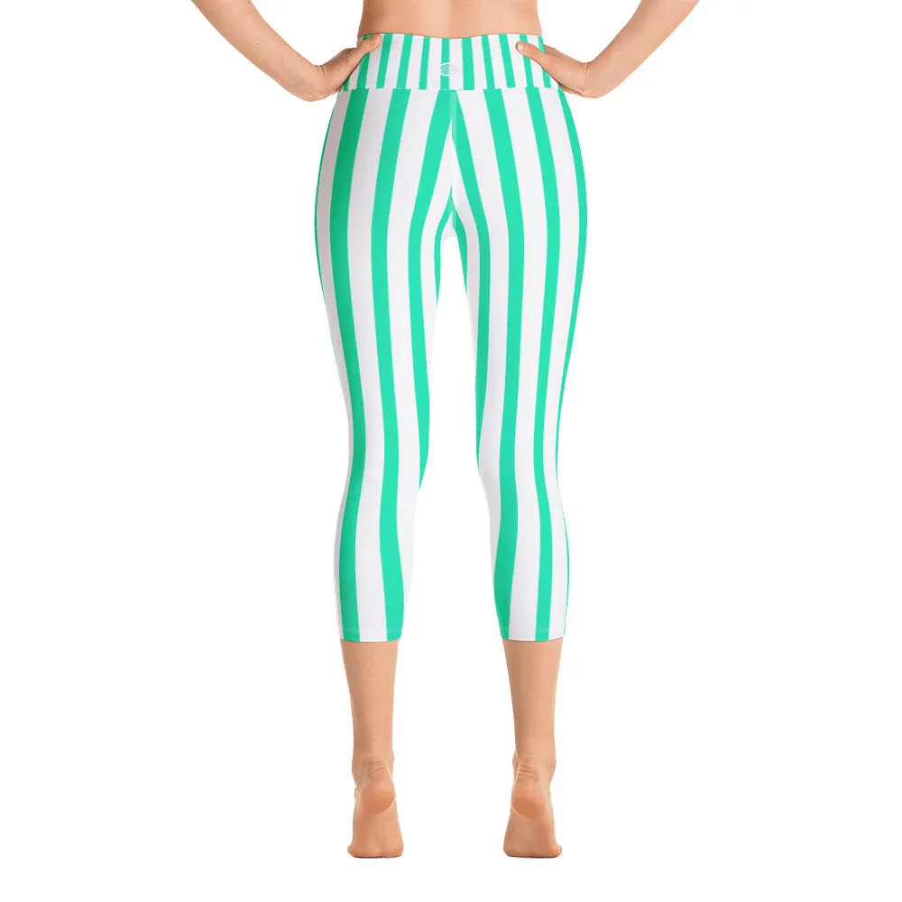 Turquoise Blue Striped Capri Leggings, Vertical Striped Women's Yoga Pants- Made in USA/EU