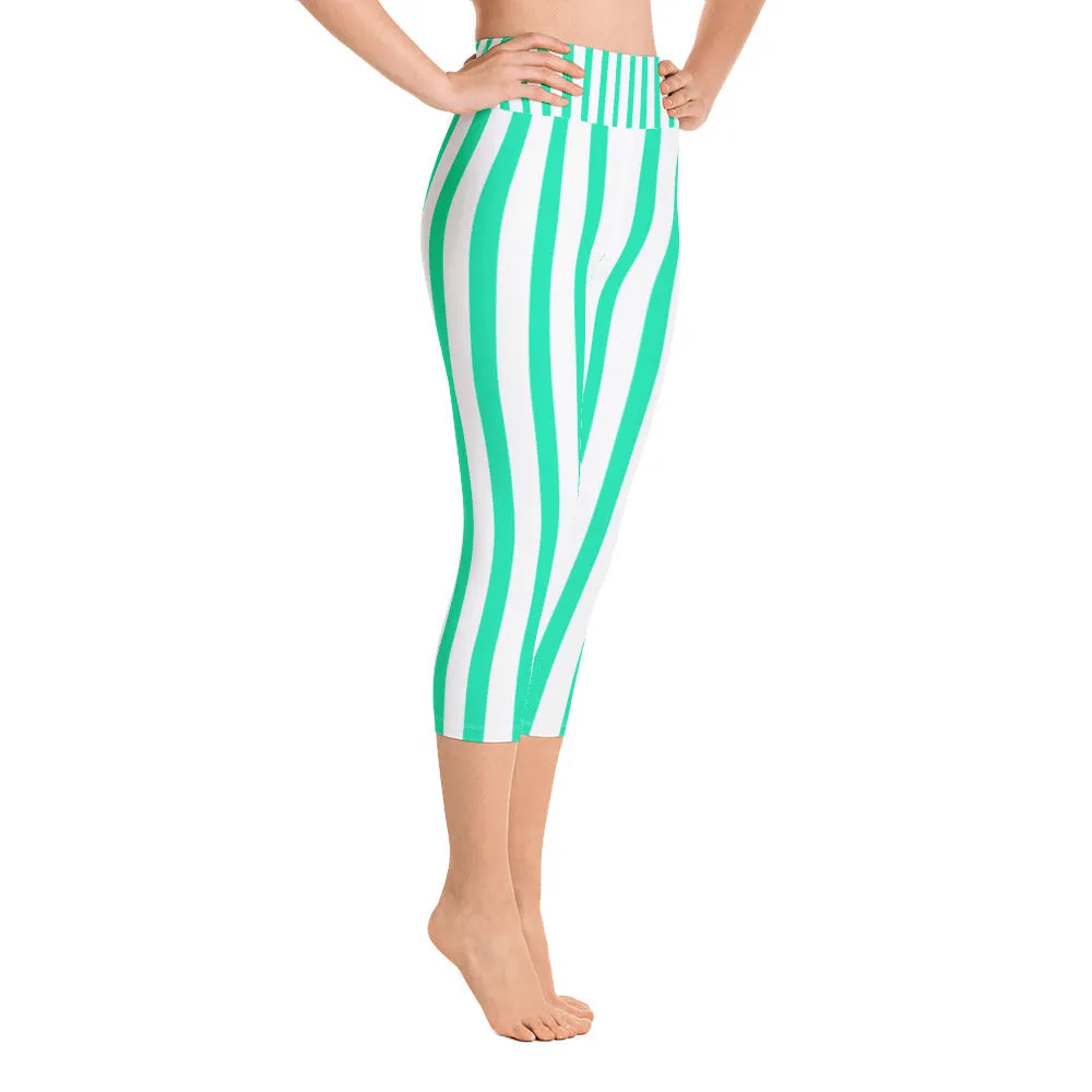Turquoise Blue Striped Capri Leggings, Vertical Striped Women's Yoga Pants- Made in USA/EU