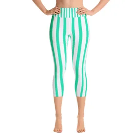 Turquoise Blue Striped Capri Leggings, Vertical Striped Women's Yoga Pants- Made in USA/EU