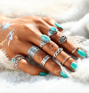 Turquoise Trendy Boho Midi-Knuckle Rings Set of 10 - Silver or Gold