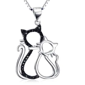 Two Cats 925 Sterling Silver Necklace Cubic Zirconia Cat Lover Pendant