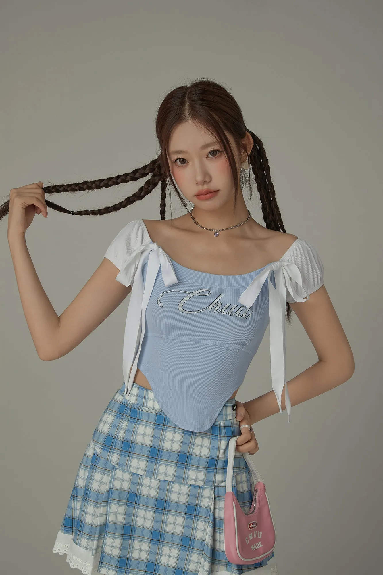 Unbalanced Chuu Lettering Ribbon Short Sleeve Top