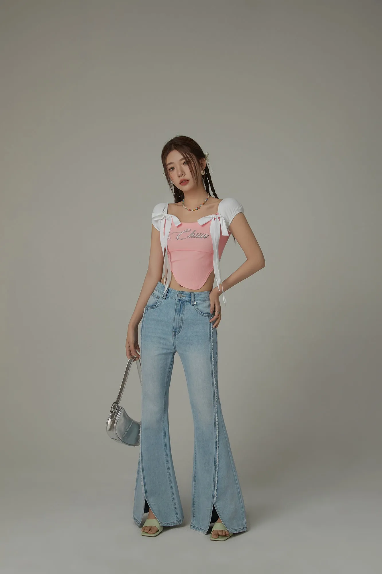 Unbalanced Chuu Lettering Ribbon Short Sleeve Top