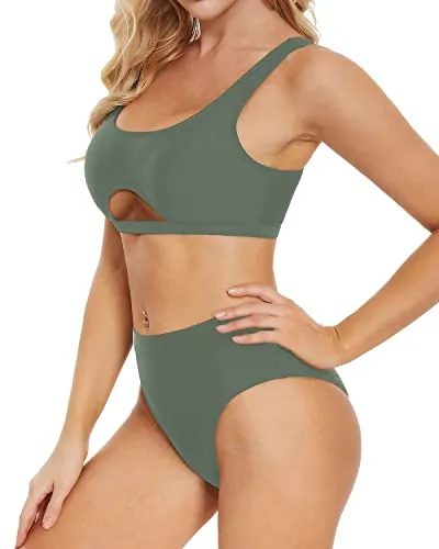 Underboob High Waisted Two Piece Bikini Set For Women-Army Green