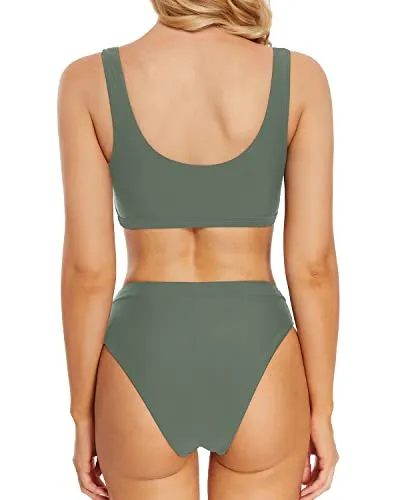 Underboob High Waisted Two Piece Bikini Set For Women-Army Green
