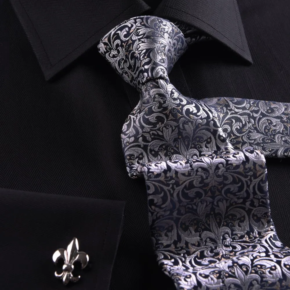 Unique Designed Black Herringbone Formal Business Dress Shirt Stylish Luxury Fashion Apparel in French Cuffss