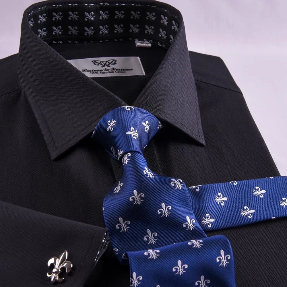 Unique Designed Black Herringbone Formal Business Dress Shirt Stylish Luxury Fashion Apparel in French Cuffss
