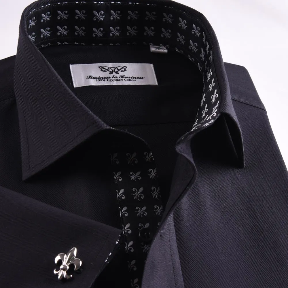 Unique Designed Black Herringbone Formal Business Dress Shirt Stylish Luxury Fashion Apparel in French Cuffss