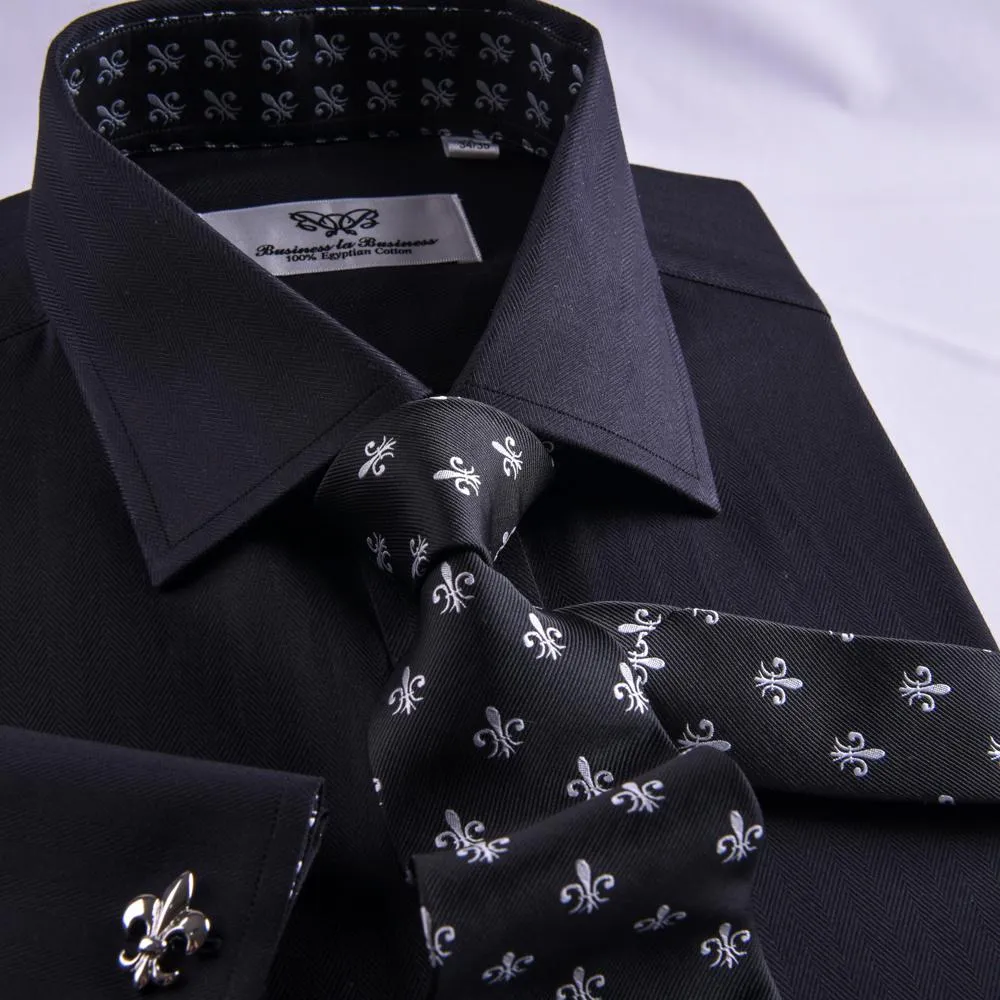 Unique Designed Black Herringbone Formal Business Dress Shirt Stylish Luxury Fashion Apparel in French Cuffss
