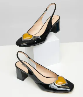 Unique Vintage Black & Orange Heart Leatherette Slingback Heels