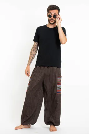 Unisex Pinstripe Cotton Pants with Aztec Pocket in Brown