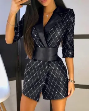 Uniwim Women Elegant Plaid Pattern Pu Leather Colorblock Glitter Blazer Dress Long Sleeve Blazers Dress Black Elegant Dresses for Women