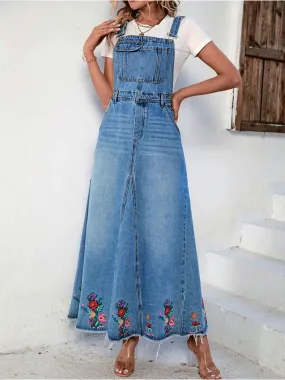 Uniwim Women's Denim Strap Dress Casual Retro Back Split Long Elastic Waist Pocket A-line Washed Denim Dress