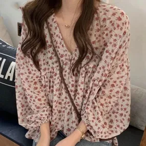 V-neck Chiffon Sweet Floral Casual New Blouse