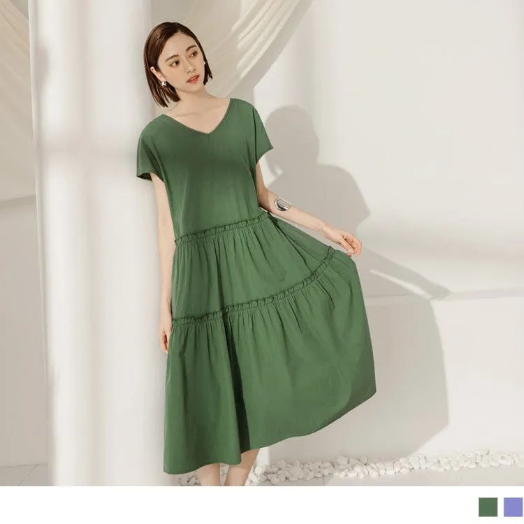 V-NECK COTTON SHORT SLEEVE LAYERED MAXI DRESS