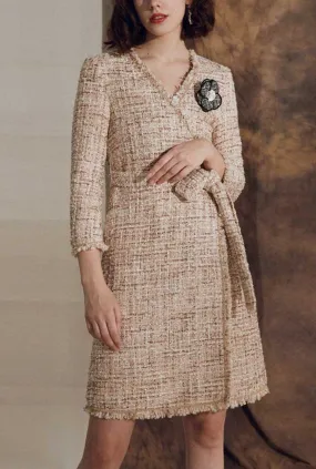 V-neck Fringe Belt Thick Tweed Long Coat