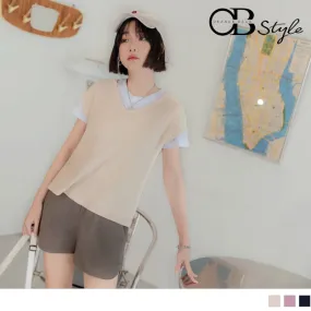 V-NECK PIT STRIPE KNIT CAP SLEEVE TOPS