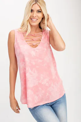 V-NECK, SLEEVELESS, SPAGHETTI STRAP DETAIL, TIE DYE - PINK