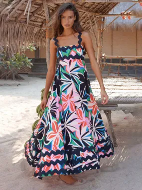 Vacay A-Line Cami Long Dress in Vibrant Print & Contrast Wave Trim