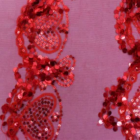Valentine Red Heart Embroidered Sequin-Fringe Mesh Tulle Fabric