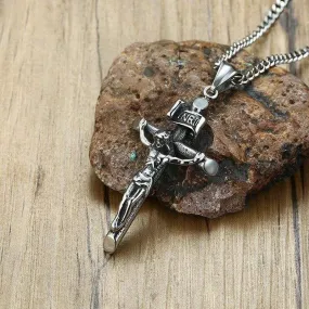 Vantage Men's Crucifix Necklace Ancient Silver Stainless Steel Italian Chain Charm Cross Pendant Jewelry